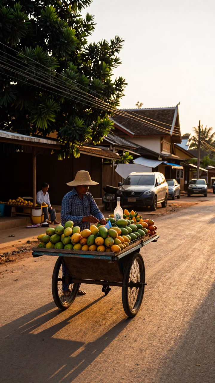 Golden Hour on Street Scene in Luang Prabang in in Luang Prabang, Laos