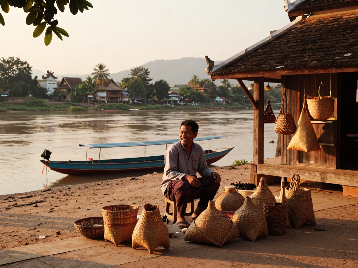 Golden Hour on Street Scene in Luang Prabang in in Luang Prabang, Laos