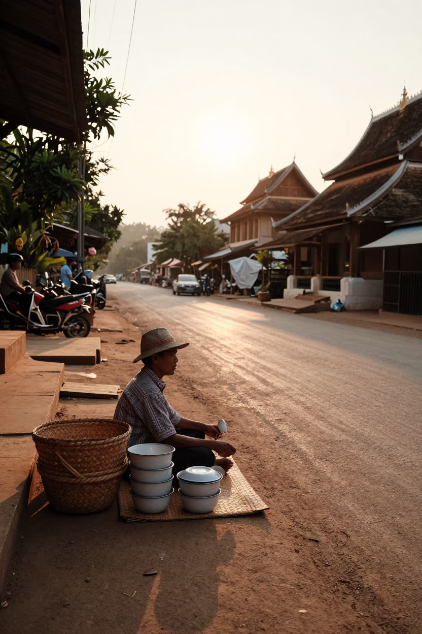 Golden Hour on Street Scene in Luang Prabang in in Luang Prabang, Laos