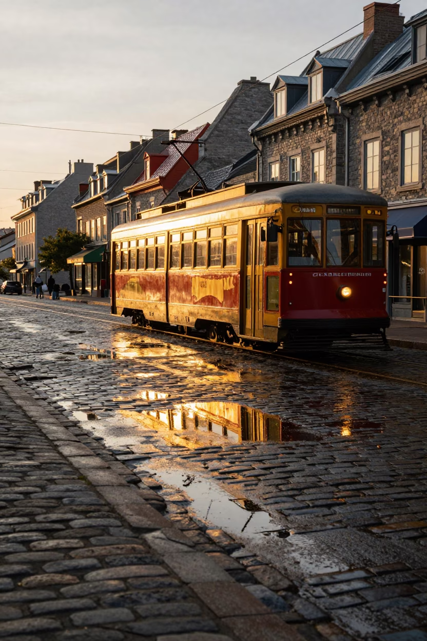 Golden Hour on Tramcar Reflection in Quebec City in in Quebec City, Quebec, Canada