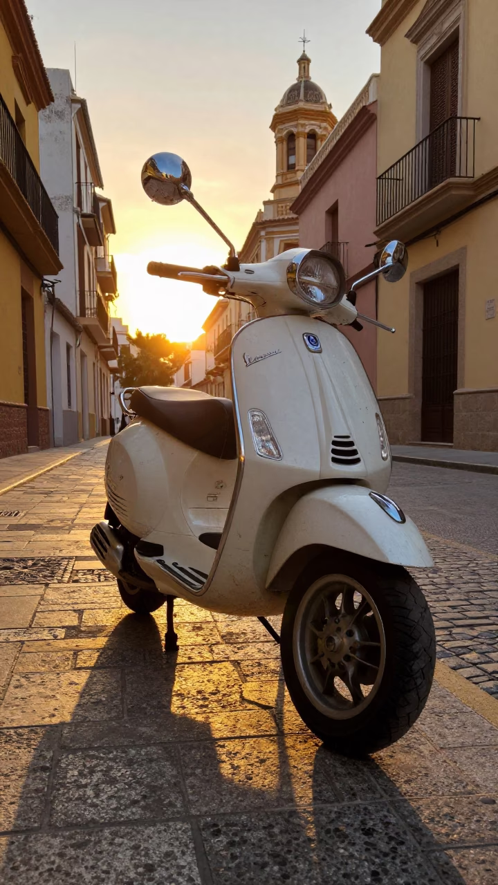 Golden Hour on Vespa Parked in Valencia in in Valencia, Spain