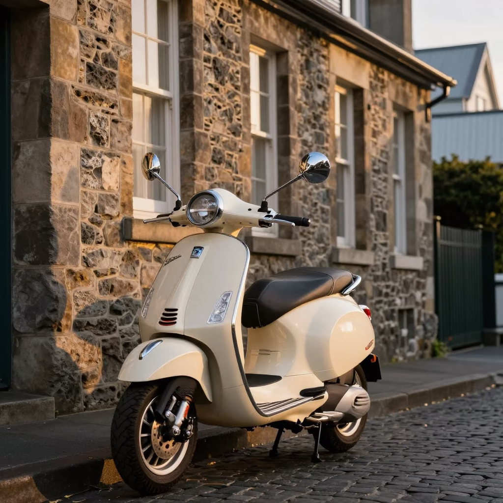 Golden Hour on Vespa Parked in Wellington in in Wellington, New Zealand