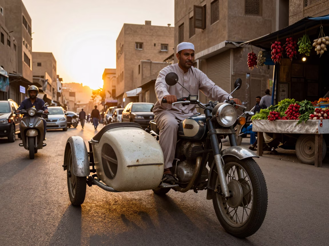 Golden Hour on Vintage Motorcycle in Cairo in in Cairo, Egypt