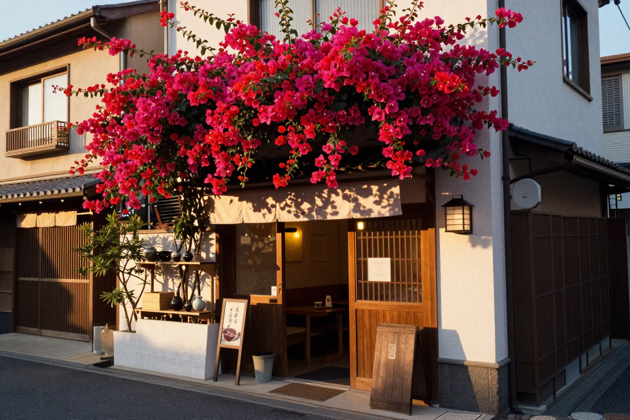 Golden Hour Osaka Street Scene with Bougainvillea and Traditional Tea Culture in in Osaka, Japan