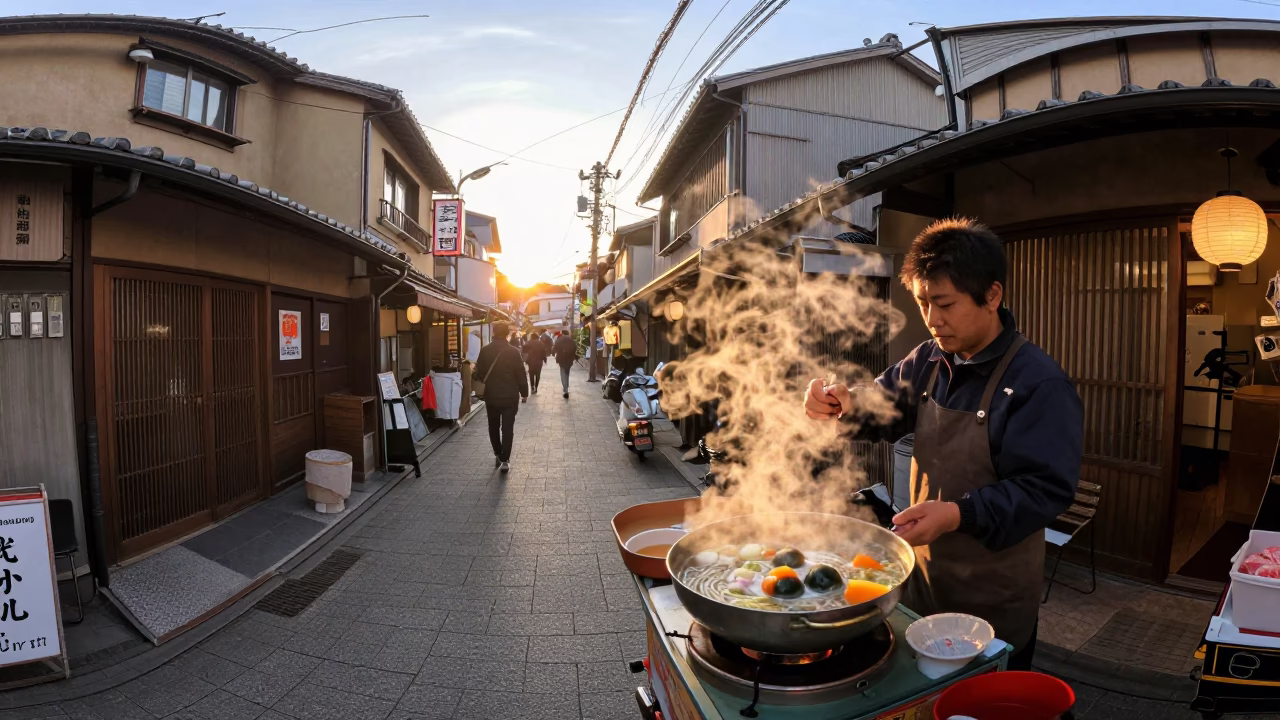 Golden Hour Osaka Street Scene with Century Egg Congee and Condensation in in Osaka, Japan