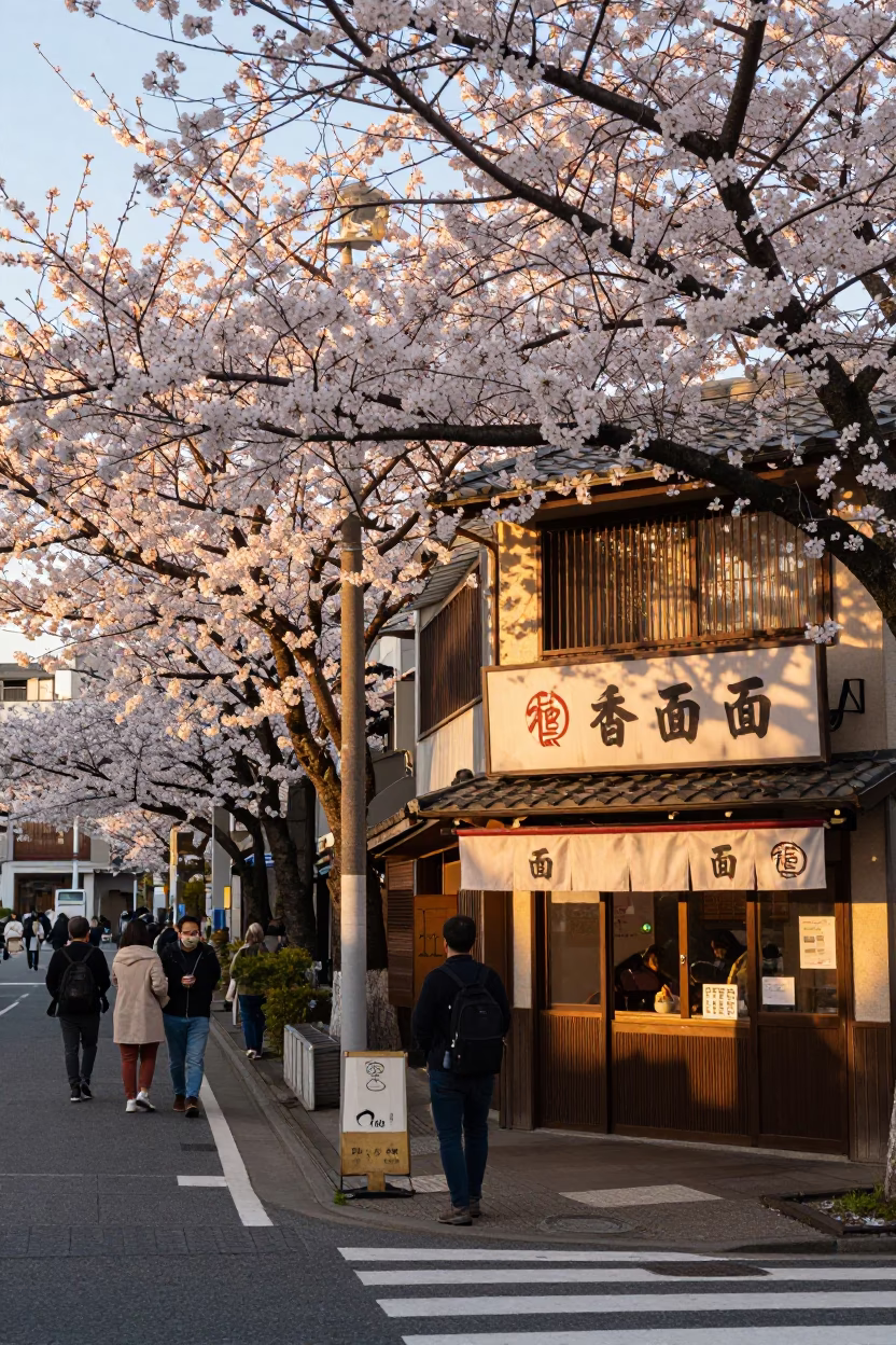 Golden Hour Osaka Street Scene with Cherry Blossoms and Ramen Shop Exterior in in Osaka, Japan