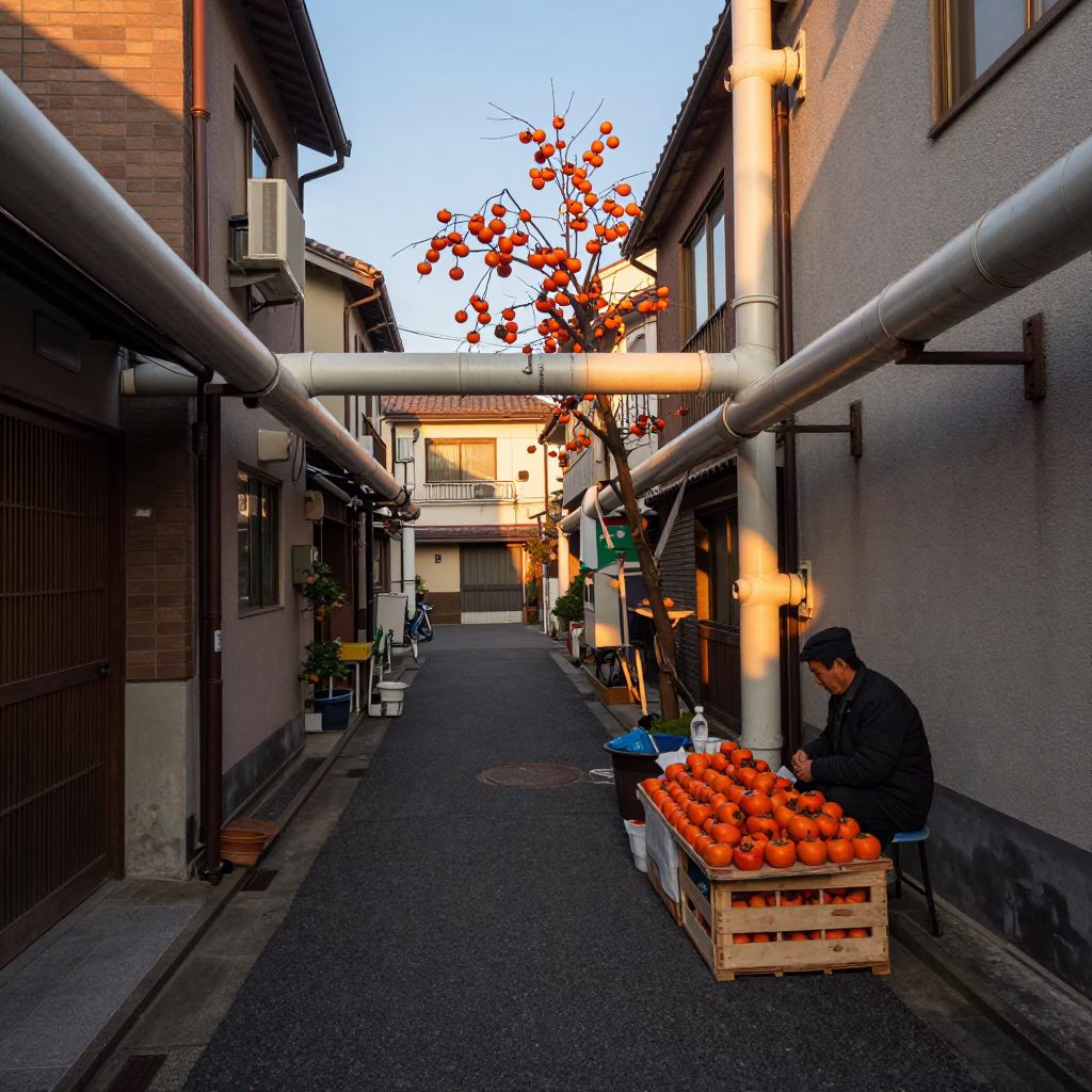 Golden Hour Osaka Street Scene with Persimmons and District Heating Pipes in in Osaka, Japan