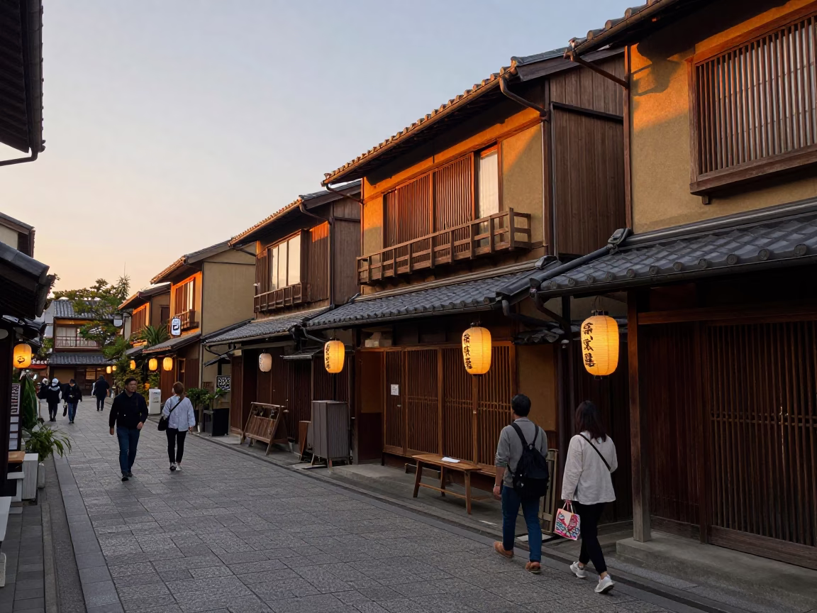 Golden Hour Osaka Street Scene with Traditional Tea House and Pedestrians in in Osaka, Japan