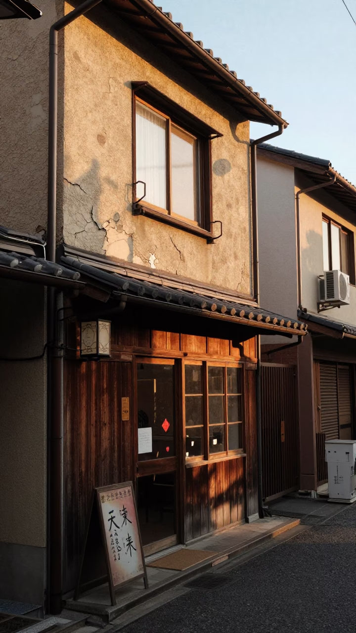 Golden Hour Osaka Street Scene with Vintage Storefront and Local Life in in Osaka, Japan