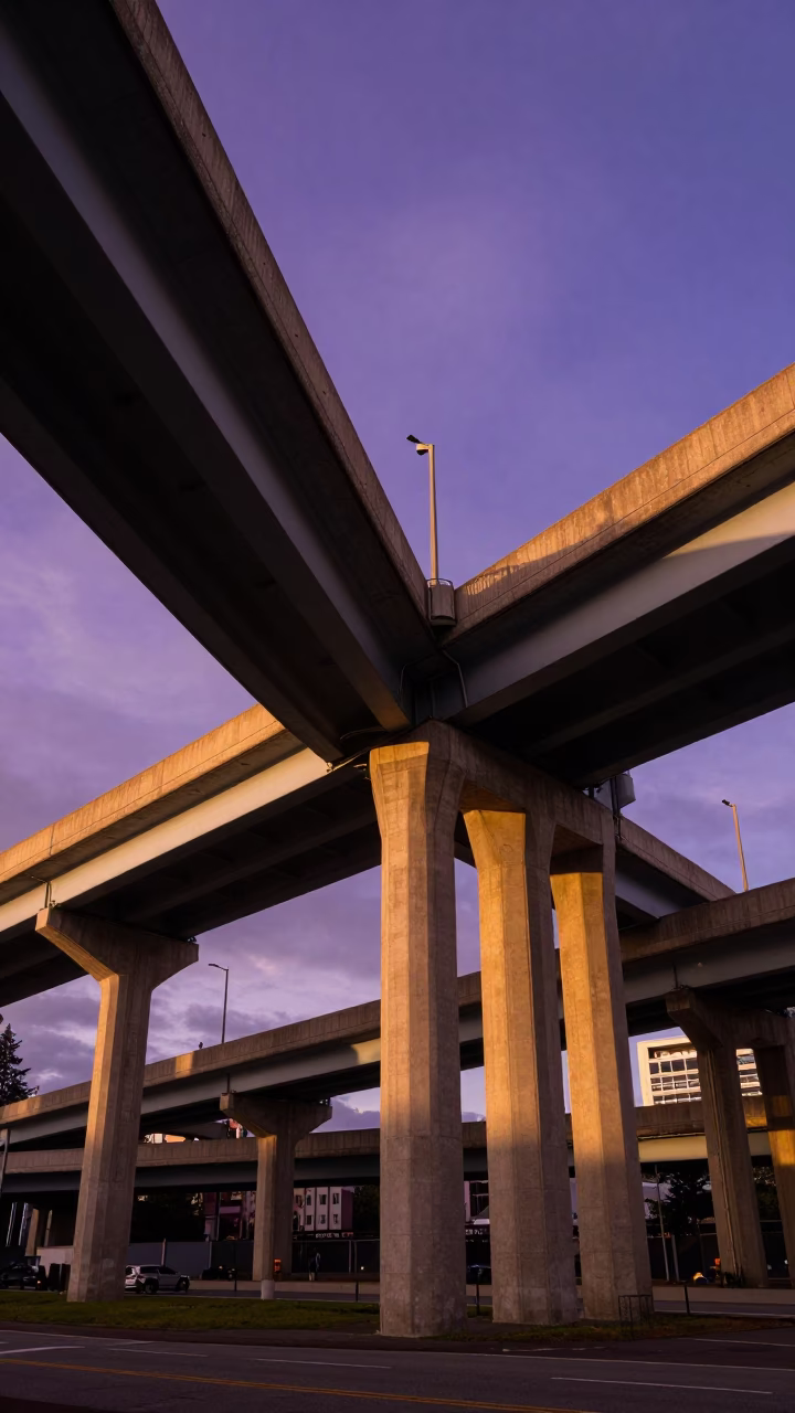 Golden Hour Overpass Interchange and Violet Sky in Portland Oregon in in Portland, Oregon, United States