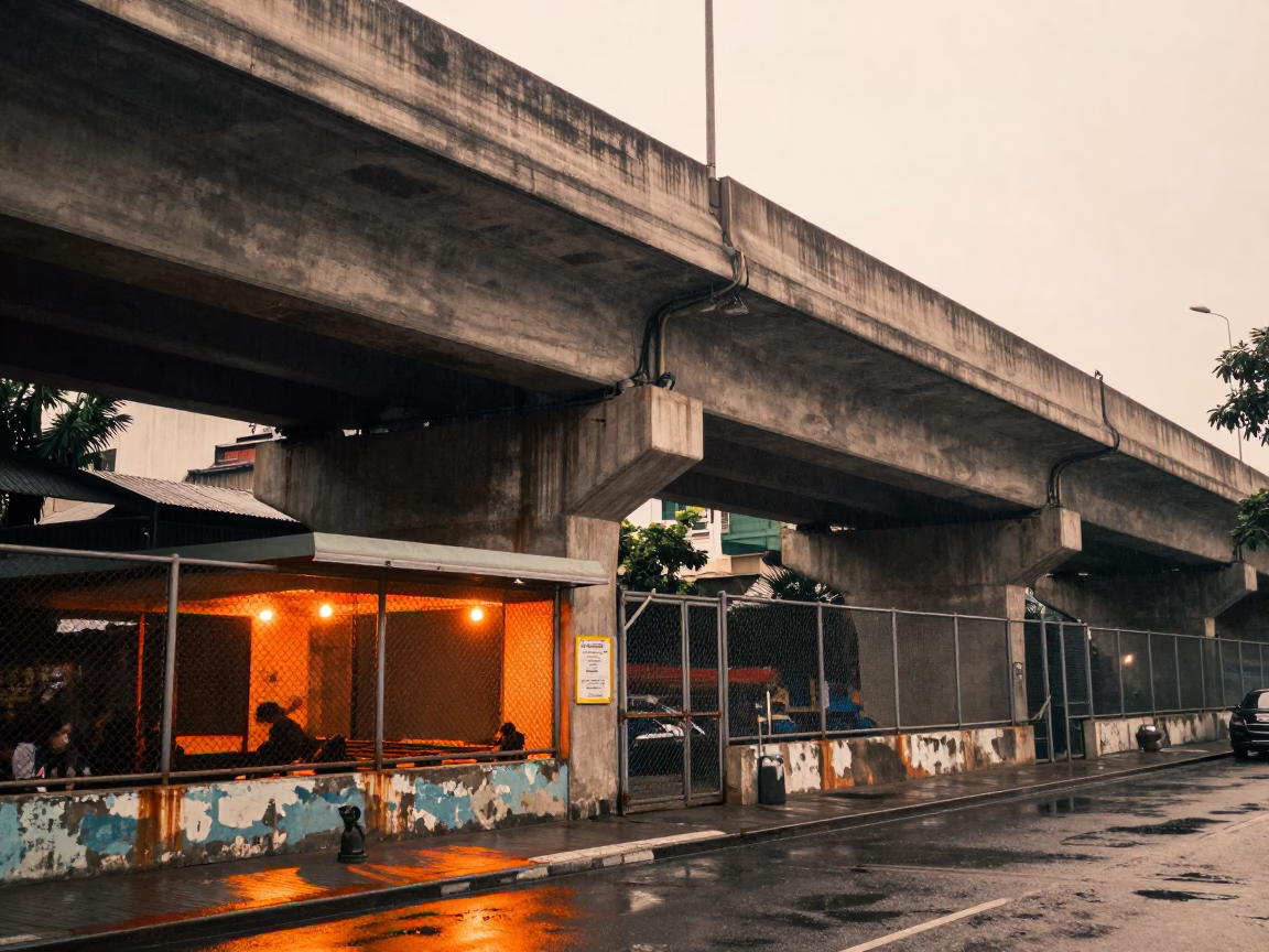 Golden Hour Overpass Urban Decay Ho Chi Minh City in outside a corner cafe in Ho Chi Minh City