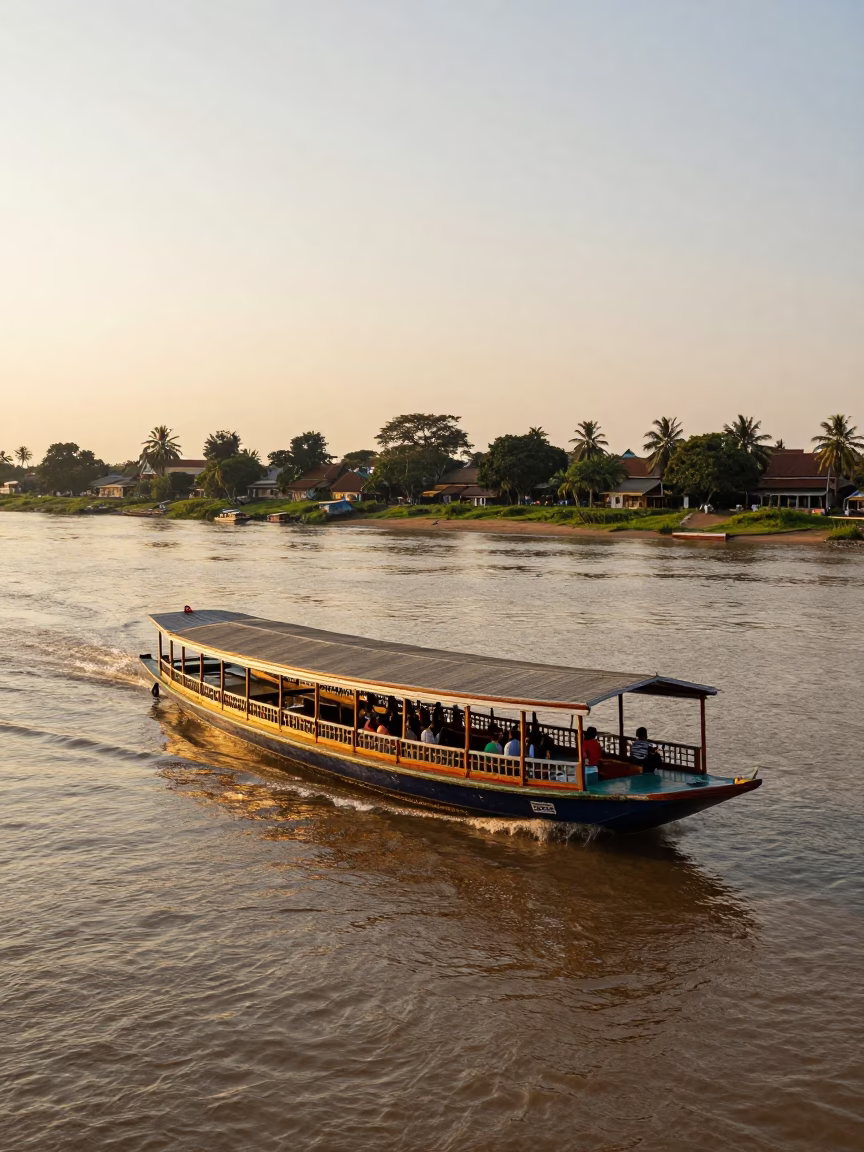 Golden Hour Paddlewheel Steamboat on the Mekong River in Phnom Penh Cambodia in in Phnom Penh, Cambodia