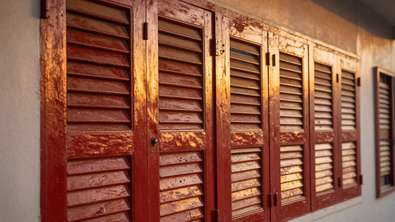Golden Hour Reflections on Painted Train Terminal Shutters in inside a restored train terminal in Sharjah