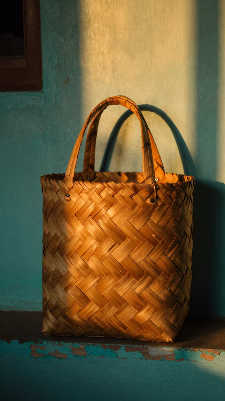 Golden Hour Palm Basket Near Bangkok Turquoise in against weathered turquoise paint near Bangkok