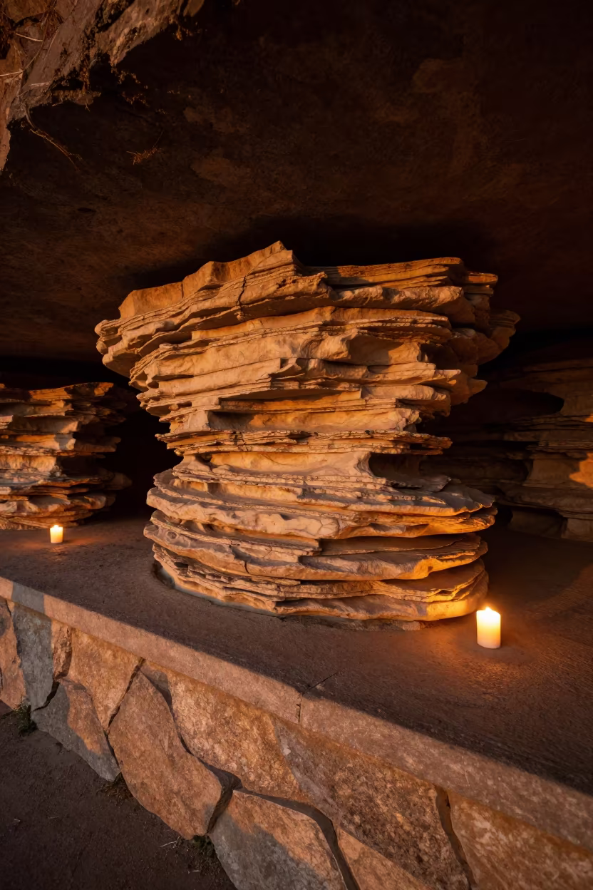 Golden Hour Pancake Rock Limestone Display in on a stone ledge near Comodoro Rivadavia