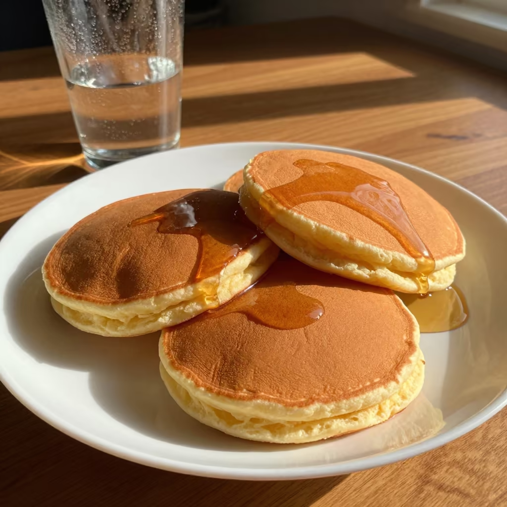 Golden Hour Pancakes with Maple Syrup on Table in on a bedside table in Victoria