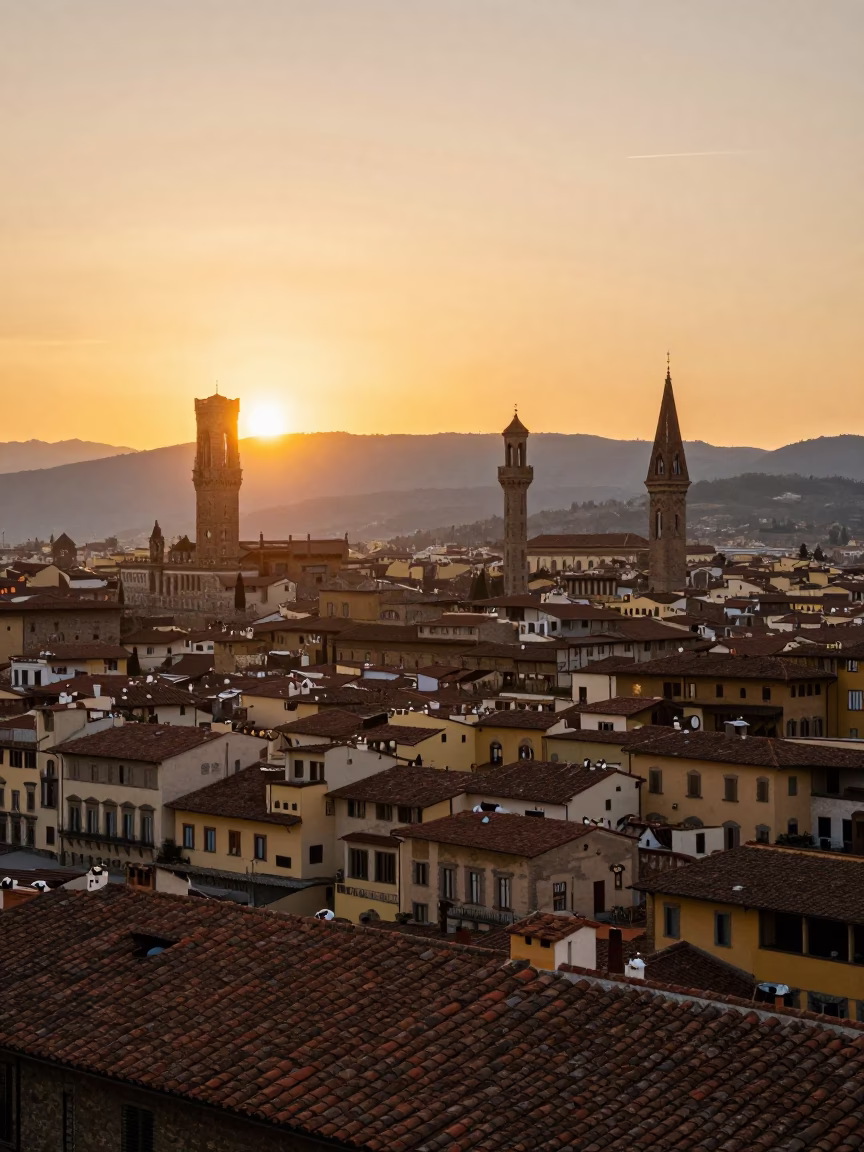 Golden Hour Panorama of Florence Italy Skyline and Terracotta Rooftops at Sunset in in Florence, Italy