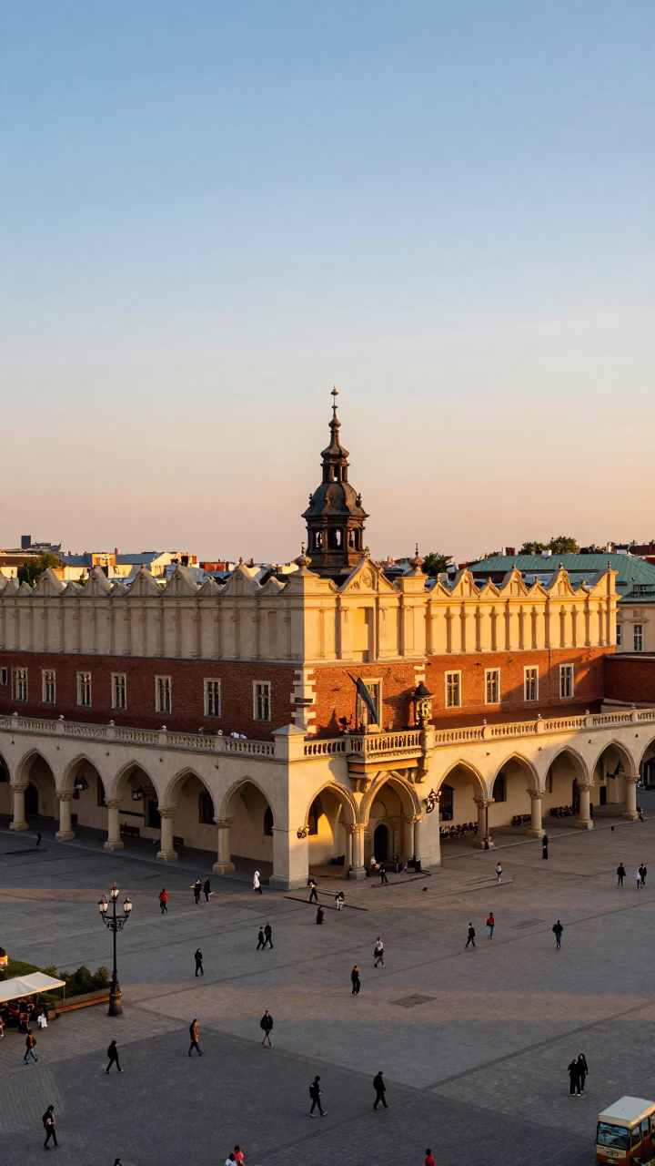 Golden Hour Panorama of Krakow Poland Main Square with Historic Architecture and Pedestrians in in Krakow, Poland