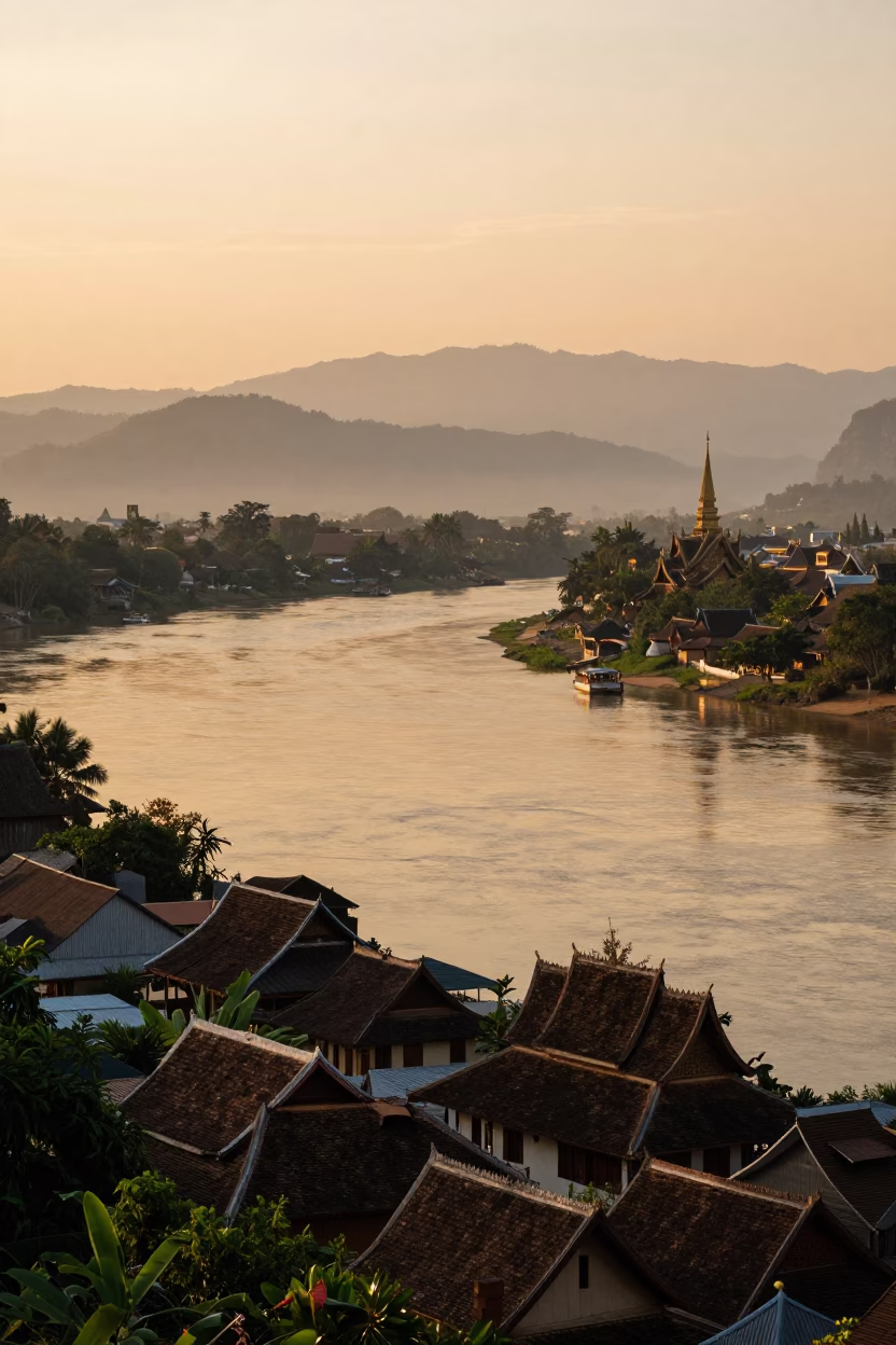 Golden Hour Panorama of Luang Prabang Laos Mekong River and Temple Spires in in Luang Prabang, Laos