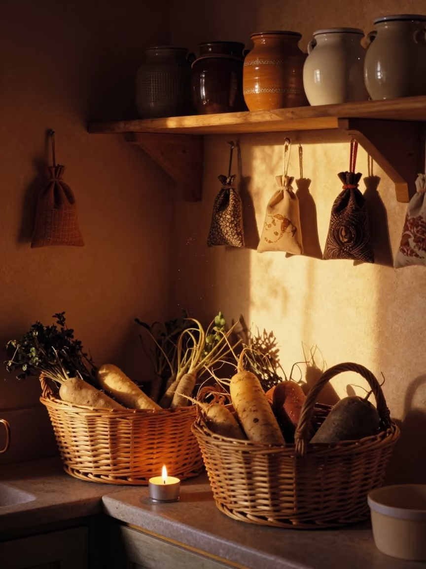 Golden Hour Pantry with Wicker Baskets and Herbs in in a cozy kitchen in Tiaret