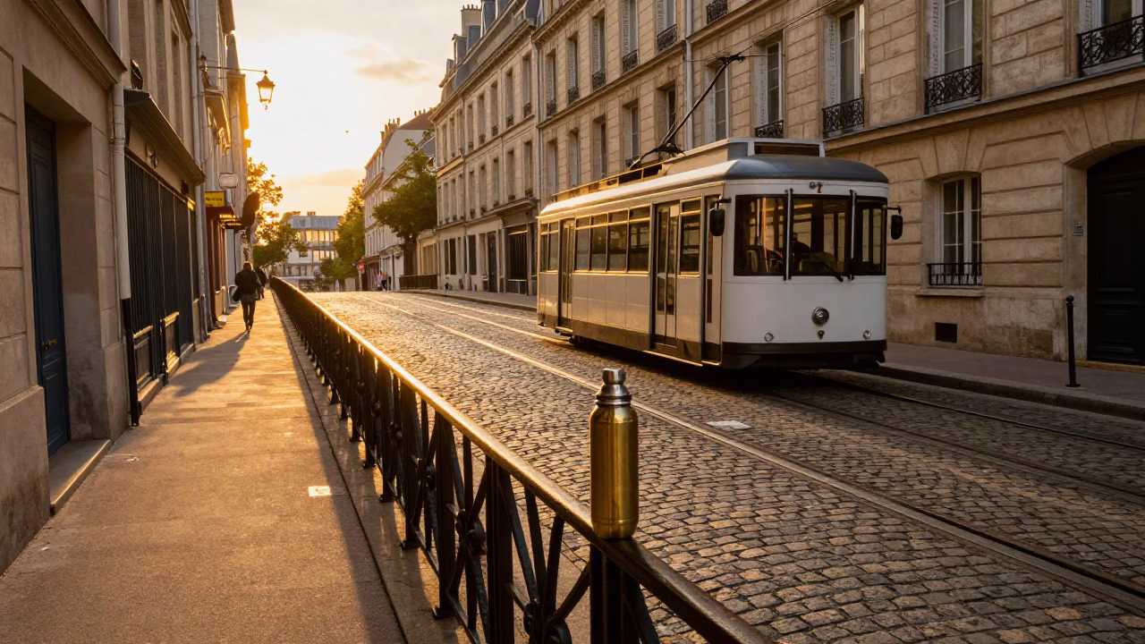 Golden Hour Paris Street Scene with Funicular and Thermos on Cobblestone in in Paris, France