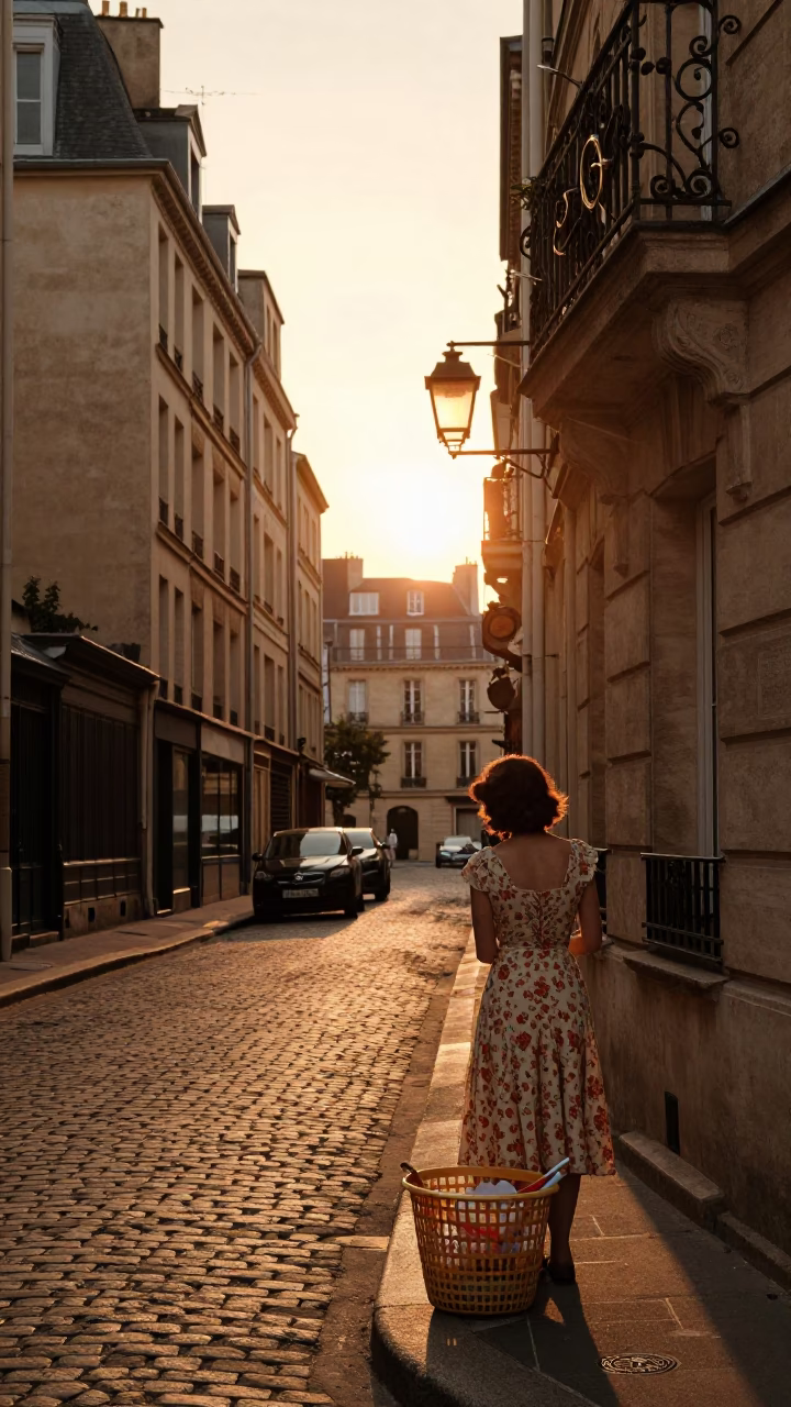 Golden Hour Paris Street Scene with Laundry Basket and Signet Ring Detail in in Paris, France