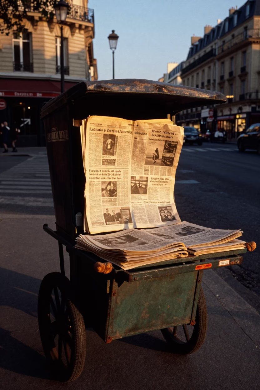 Golden Hour Paris Street Scene with Newspaper Vendor and Vintage Details in in Paris, France