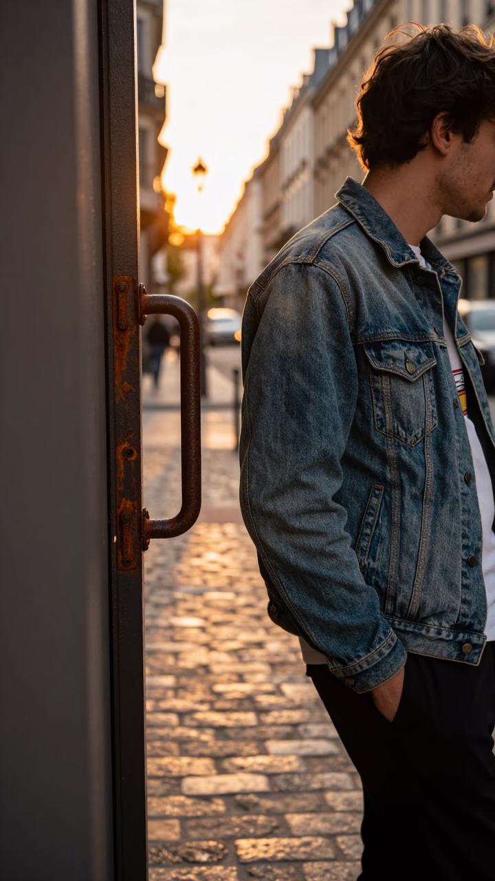 Golden Hour Paris Street Scene with Rusty Gate Handle and Leather Basketball in in Paris, France