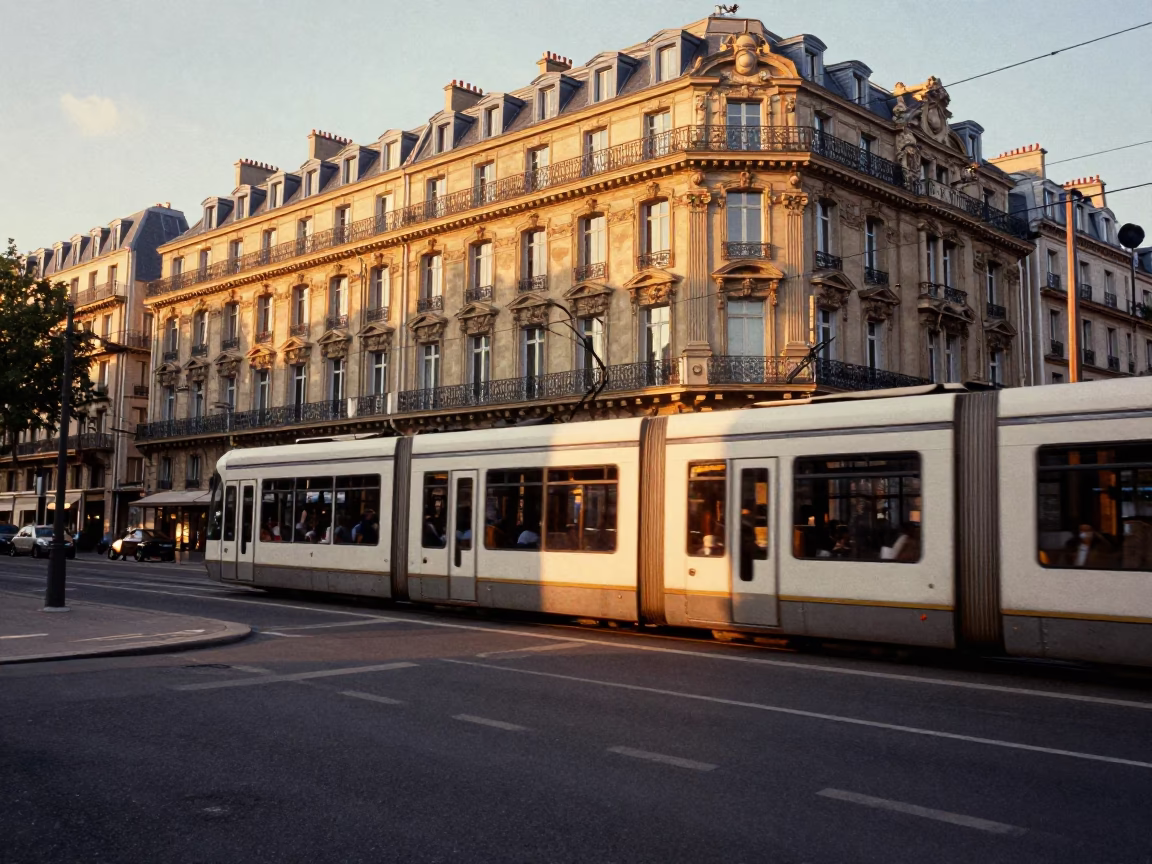 Golden Hour Paris Street Scene with Tram and Art Nouveau Facades in in Paris, France