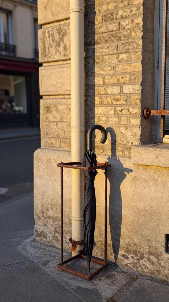 Golden Hour Paris Street Scene with Umbrella Stand and Rusty Hinge Details in in Paris, France