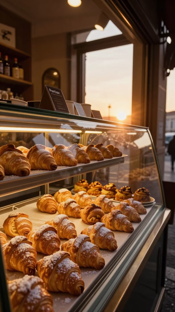 Golden Hour Pastries in Roman Cafe Window Display Near Trevi Fountain in in Rome, Italy
