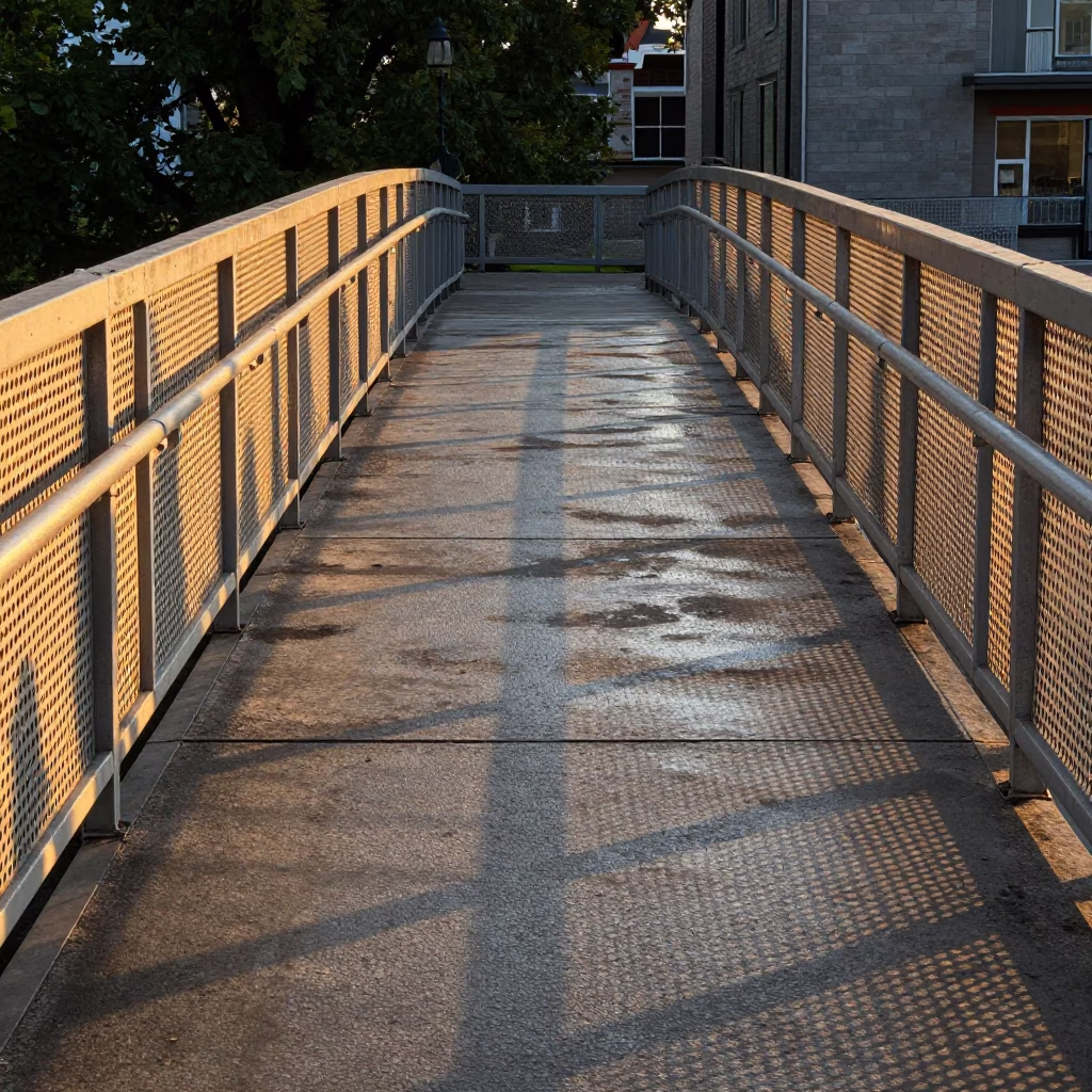 Golden Hour Pedestrian Overpass in Quebec City with Wet Footsteps and Perforated Metal in in Quebec City, Quebec, Canada