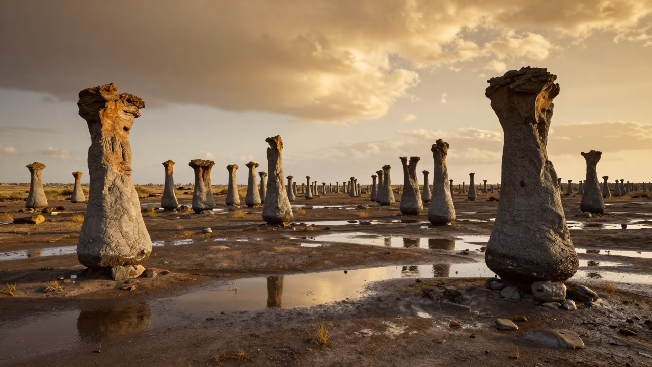 Golden Hour Light Over Petrified Forest Floodplain in across a floodplain after rain near Aba