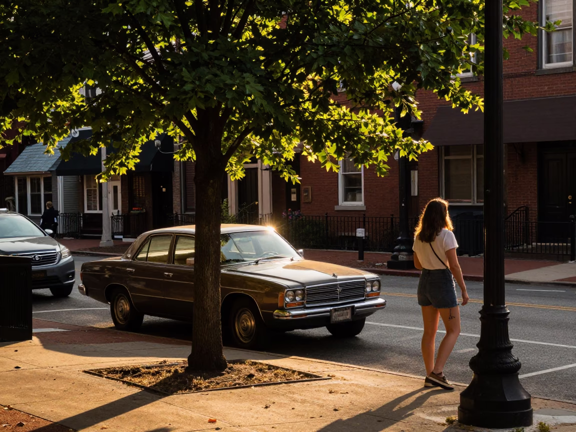 Golden Hour Philadelphia Street Scene with Fig Tree and Vintage Car in in Philadelphia, Pennsylvania, United States