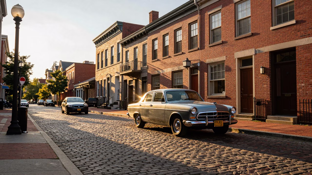 Golden Hour Philadelphia Street Scene with Vintage Cars and Historic Architecture in in Philadelphia, Pennsylvania, United States