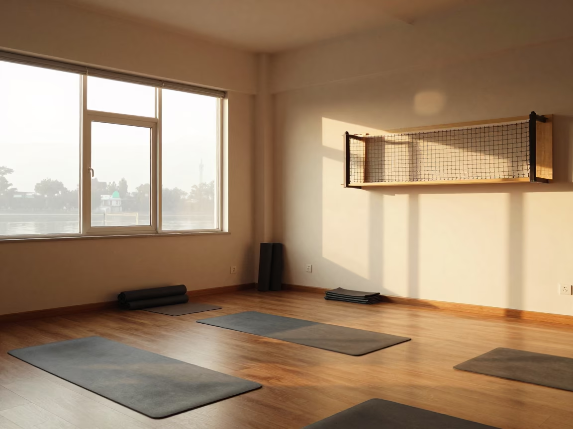 Golden Hour Pickleball Net Crank in Yoga Studio in inside a yoga studio before the session begins in Rishikesh