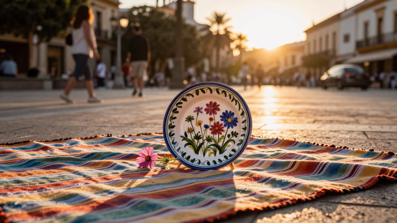 Golden Hour Picnic in Valencia Spain with Vintage Majolica Plate and Cosmos Flowers in in Valencia, Spain