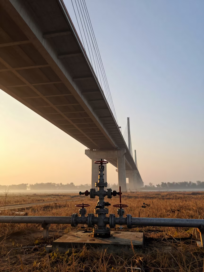 Golden Hour Pipeline Station Under Bridge Span in under a cable-stayed bridge span near Saint-Louis