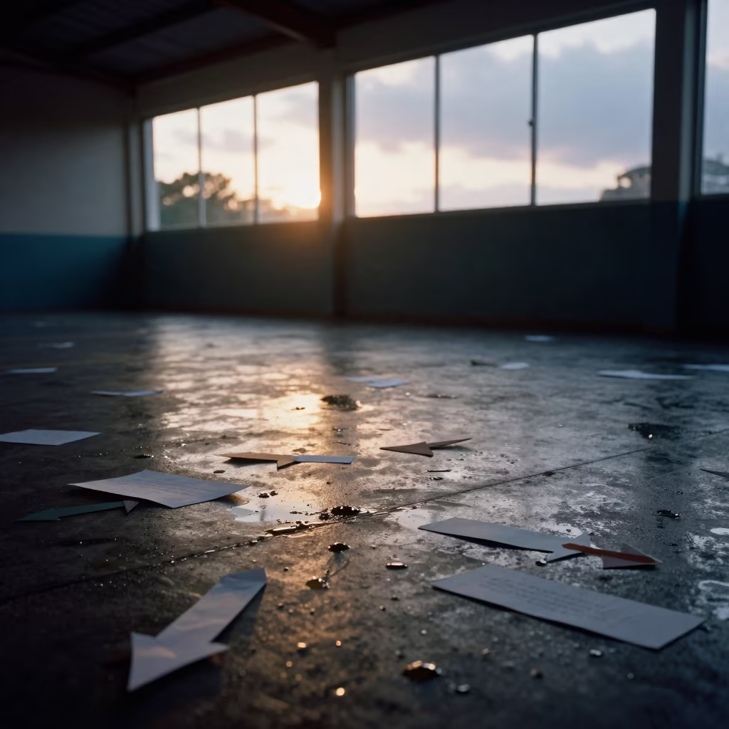 Golden Hour Polling Station Floor with Arrows in in a community center hall in Acarigua