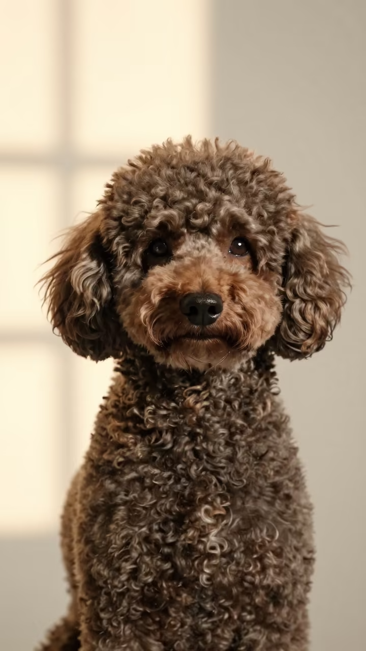 Golden Hour Poodle Portrait in Haiphong Studio in in a quiet portrait studio with a plain backdrop and eye-level framing in Haiphong