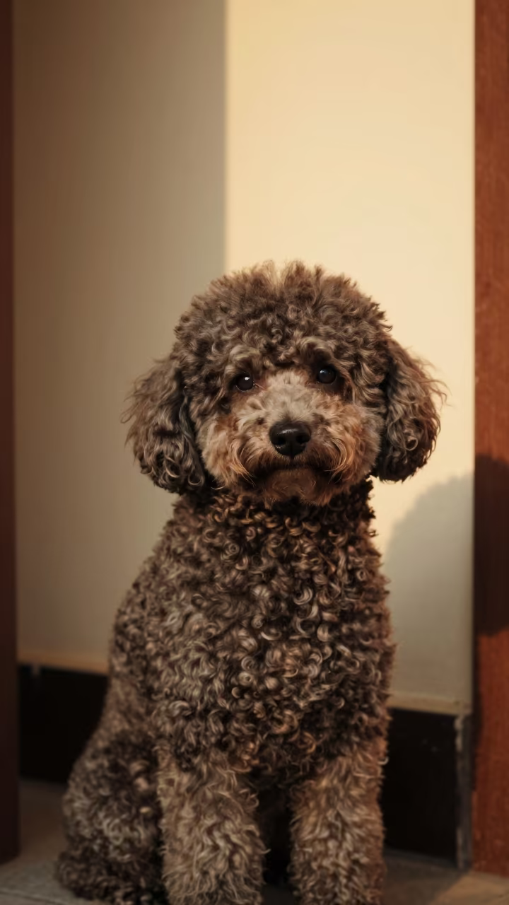 Golden Hour Poodle Portrait in Xiamen Hallway in beside a plain plaster wall in soft indoor light with the animal centered in frame in Xiamen