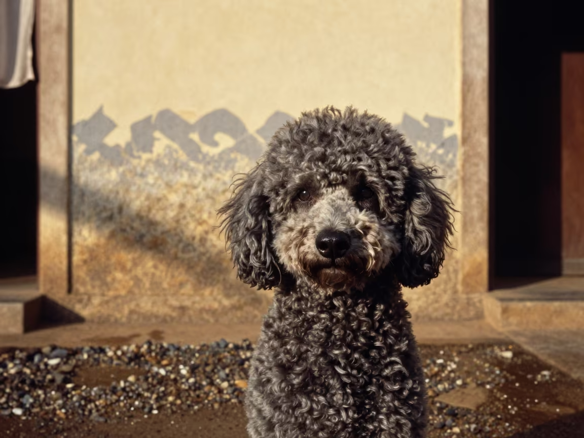 Golden Hour Poodle Portrait Mbanza Kongo in beside a plain courtyard wall in clear daylight with the animal at eye level near M'banza-Kongo
