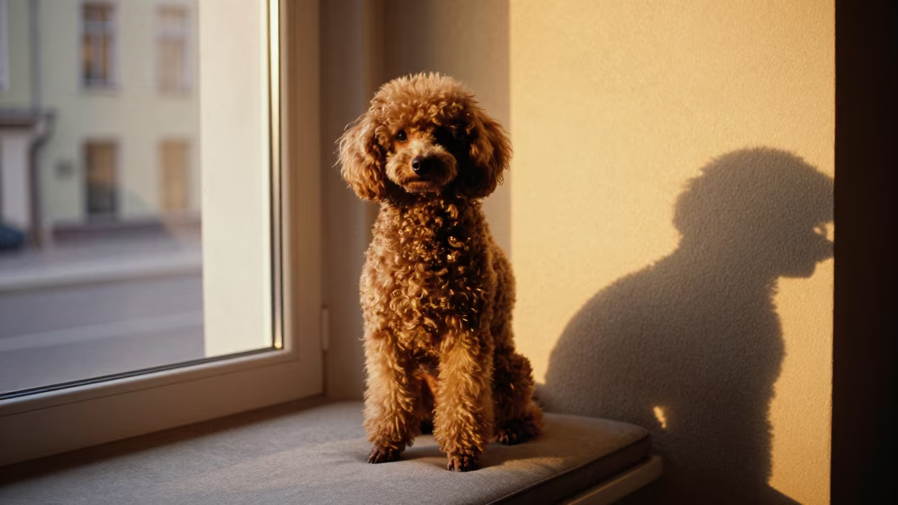 Golden Hour Poodle Portrait on Oslo Window Seat in on a cushioned window seat with soft side light and an uncluttered background in Oslo