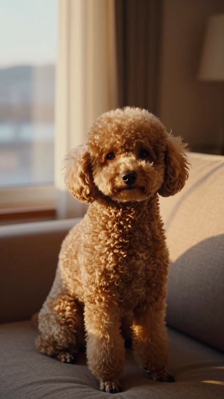 Golden Hour Poodle Portrait on Sofa in Incheon in on a sofa near a curtained window with calm indoor light in Incheon