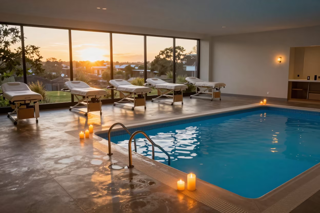 Golden Hour Pool Lift in Brisbane Recovery Center in inside a recovery area with treatment stations aligned in Brisbane