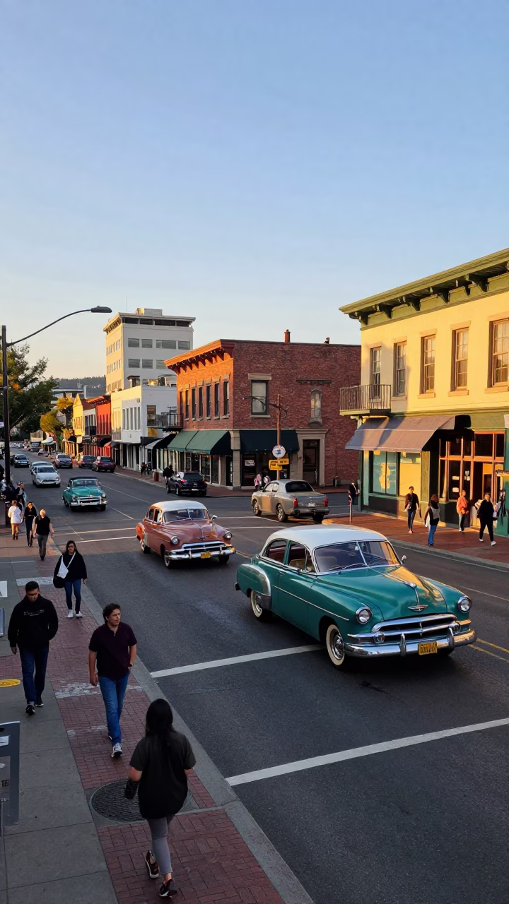 Golden Hour Portland Oregon Street Scene with Vintage Cars and Pedestrians in in Portland, Oregon, United States