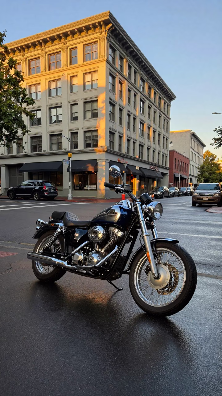 Golden Hour Portland Oregon Street Scene with Vintage Motorcycle and Urban Architecture in in Portland, Oregon, United States