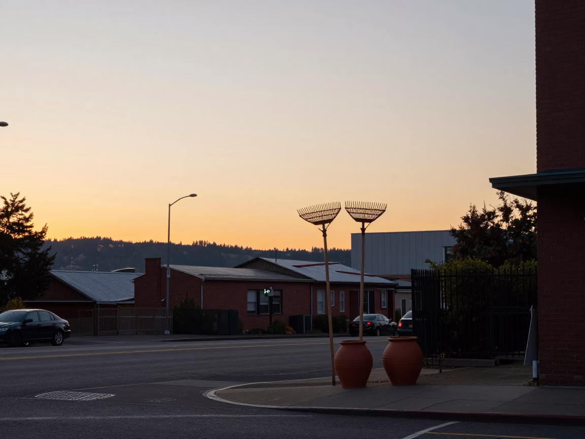 Golden Hour Portland Street Scene with Rake Heads and Clay Pots in in Portland, Oregon, United States
