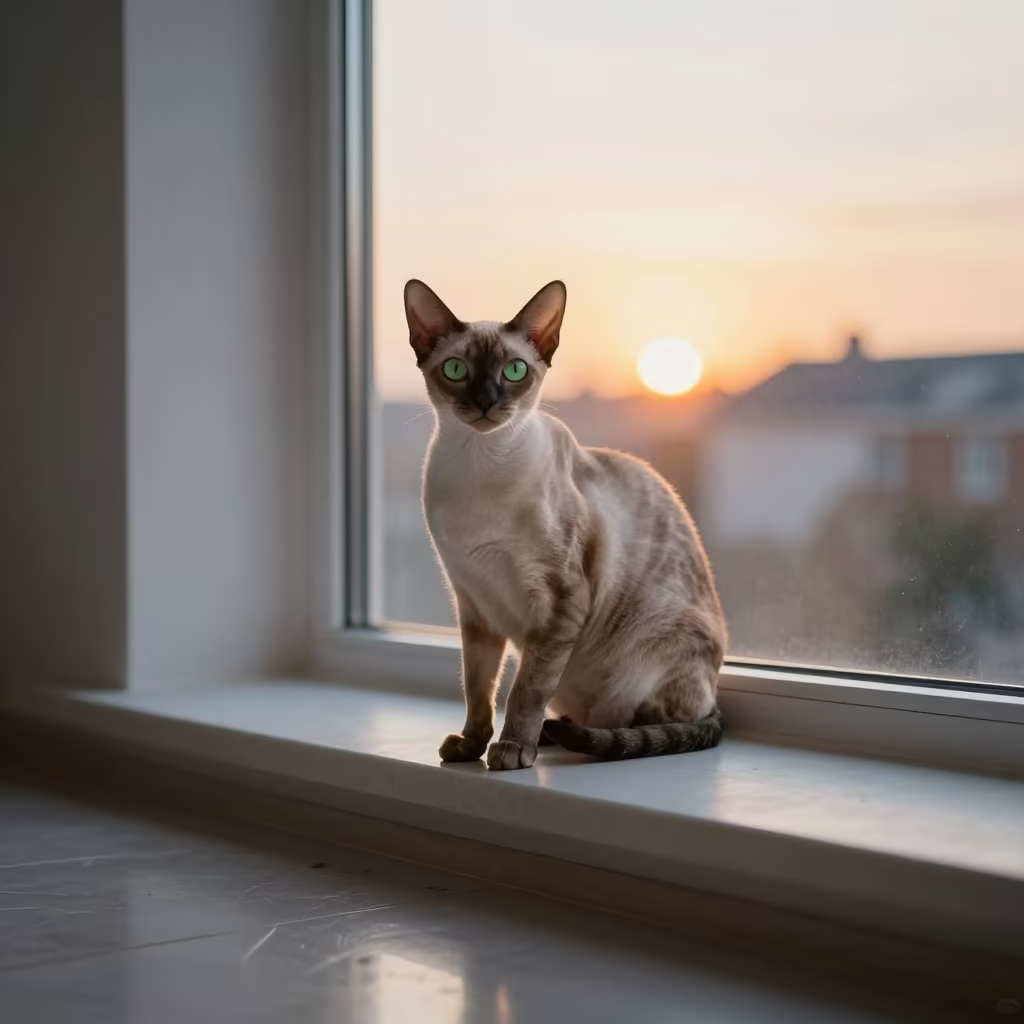 Golden Hour Portrait of a Korat Cat on a Window Seat in on a cushioned window seat with soft side light and an uncluttered background in Carrollton