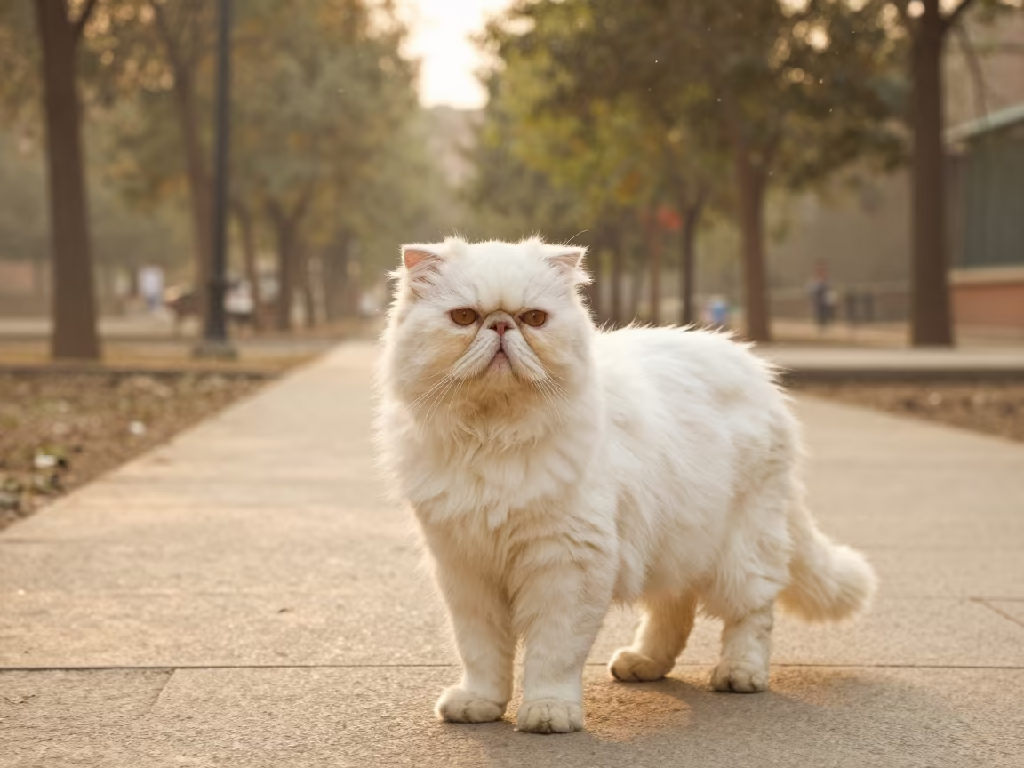Golden Hour Portrait of a Persian Cat in Khushab in along a quiet park path with soft open shade and a clean background in Khushab